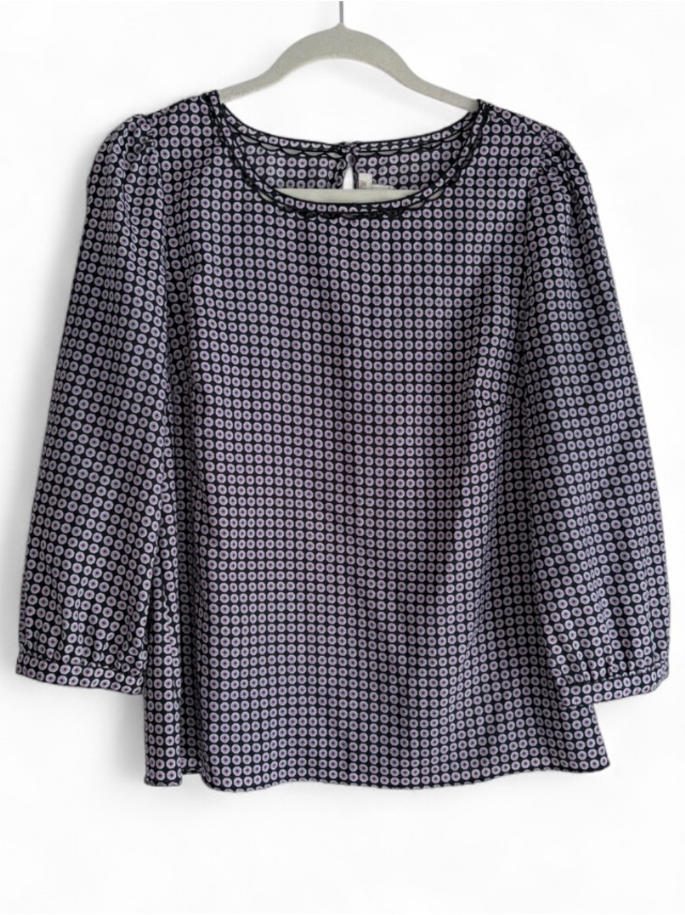 J. Crew Black and Purple Print 3/4 Sleeve Blouse Size S